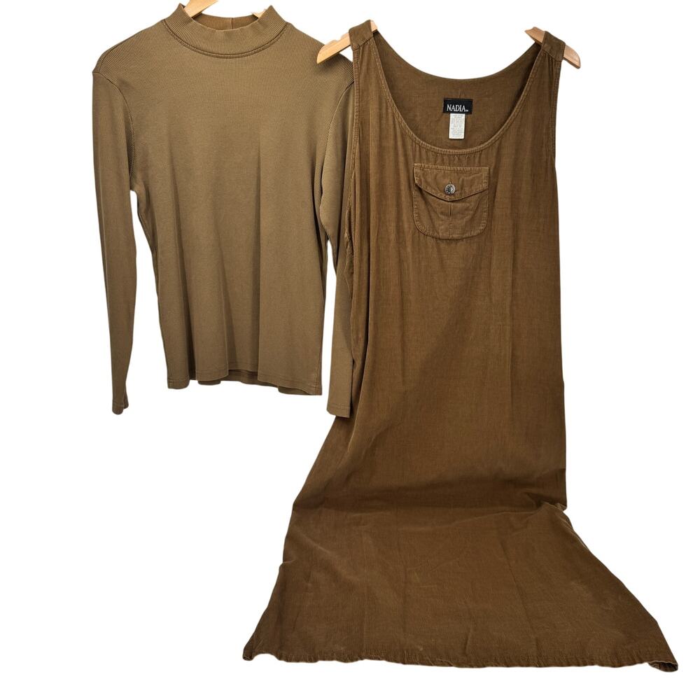 Vintage Nadia Dress Set Womens XL Brown Mock Neck Shirt + Corduroy Maxi